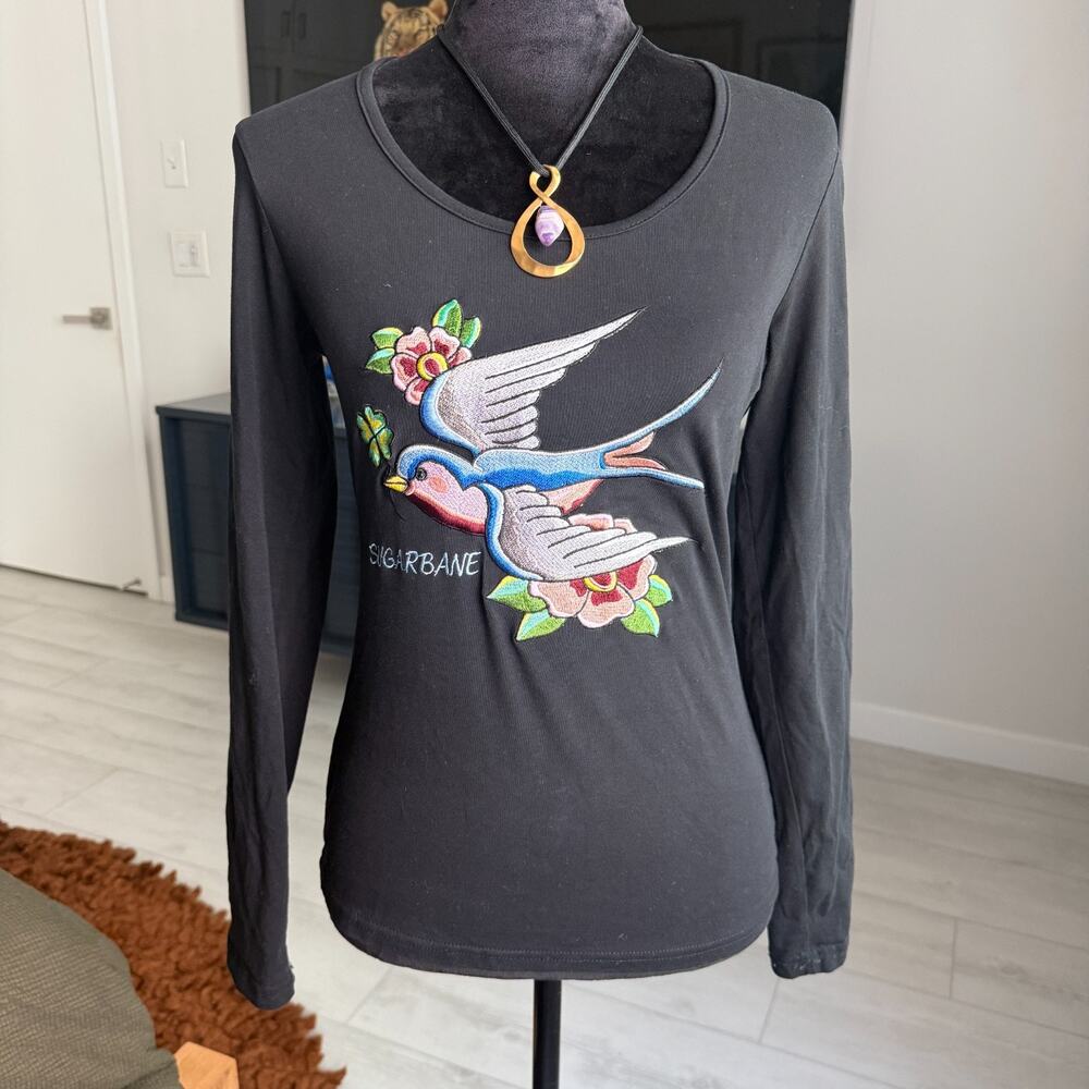 Vintage Y2K Custo Barcelona Bird Embroidered Long Sleeve Top Women's Size 2